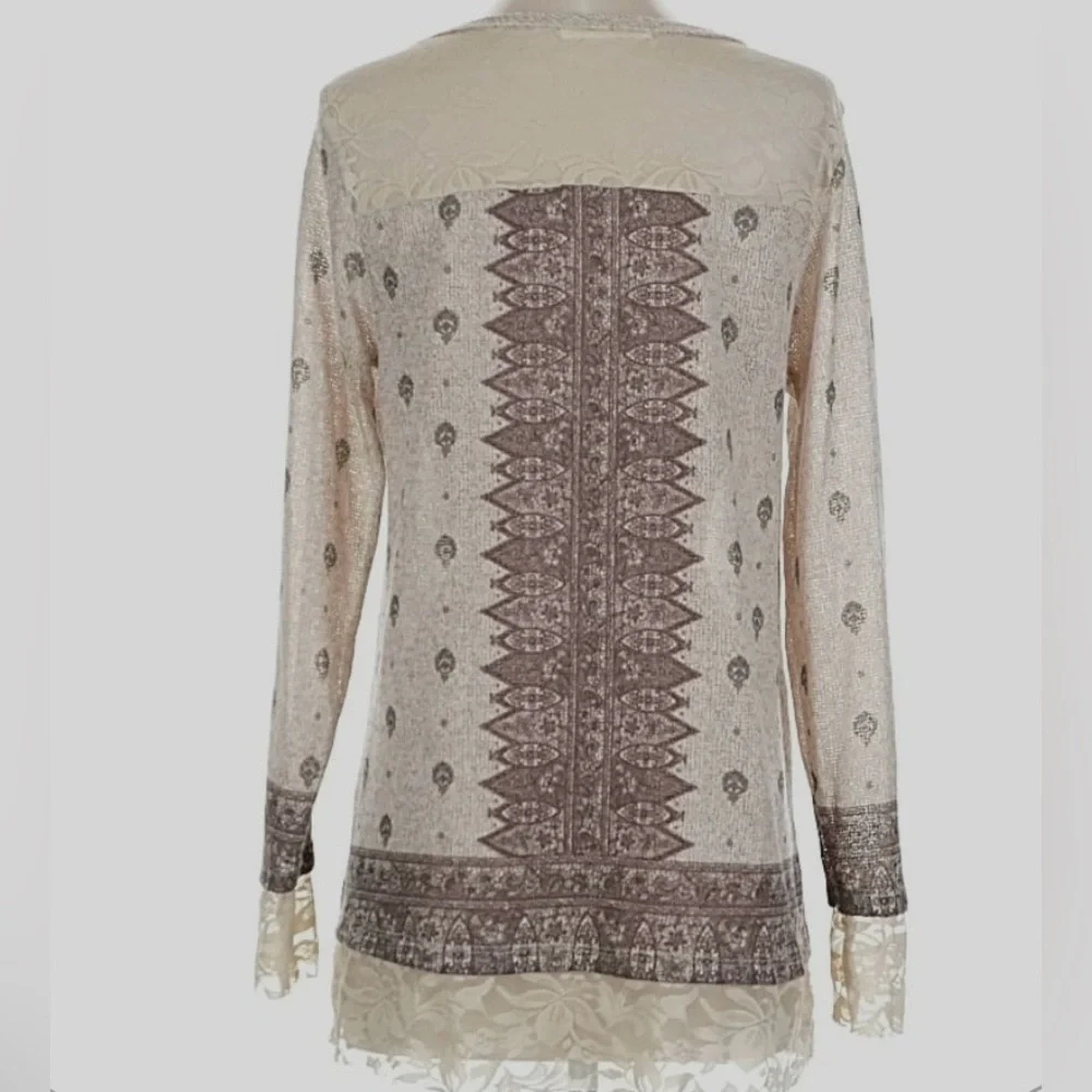 Chic Beige Patterned Long Sleeve Women's Top - Picture 4 of 9
